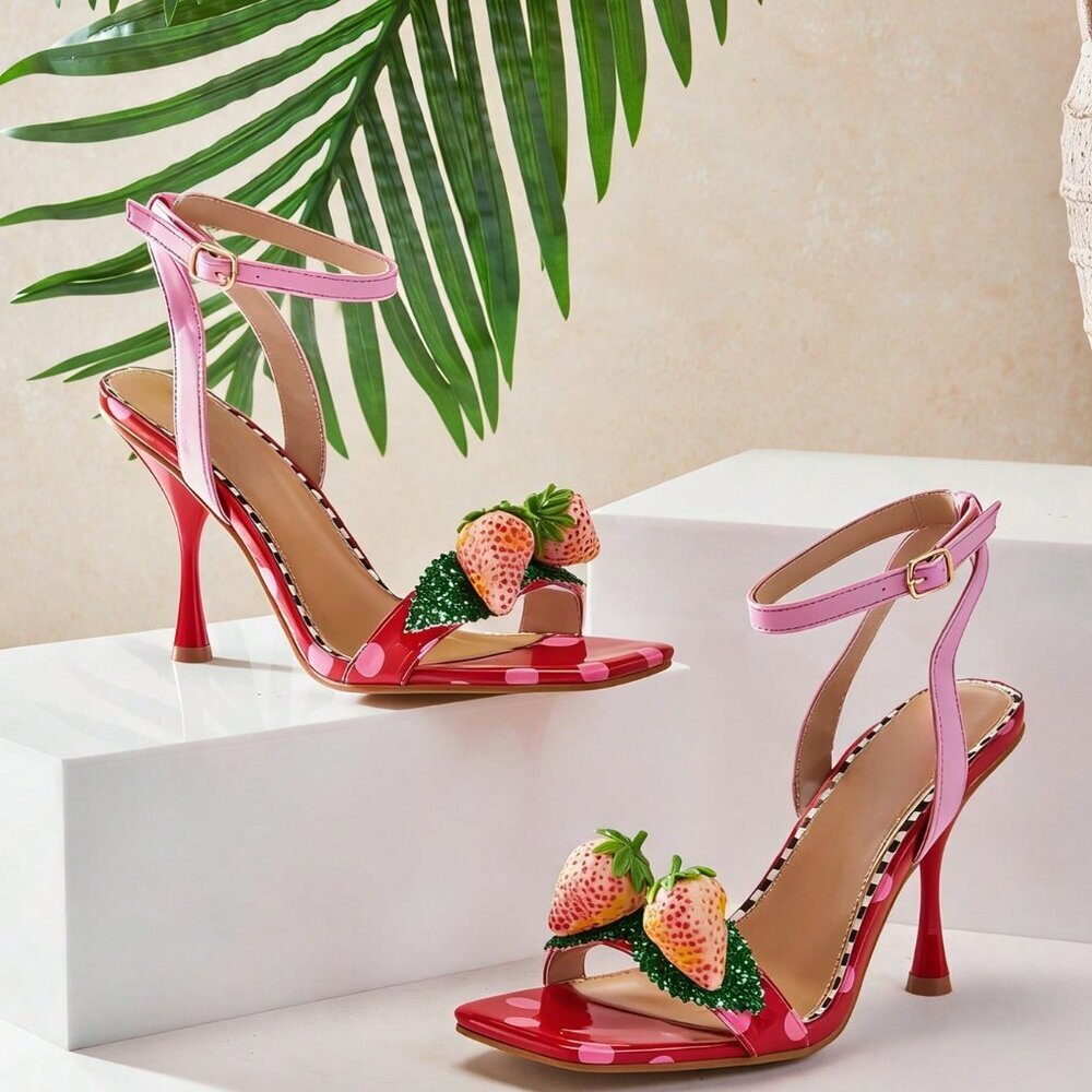Multicolor Bohemian Women's Ankle Strap Stiletto Sandals with Strawberry Decor - Picture 6 of 9